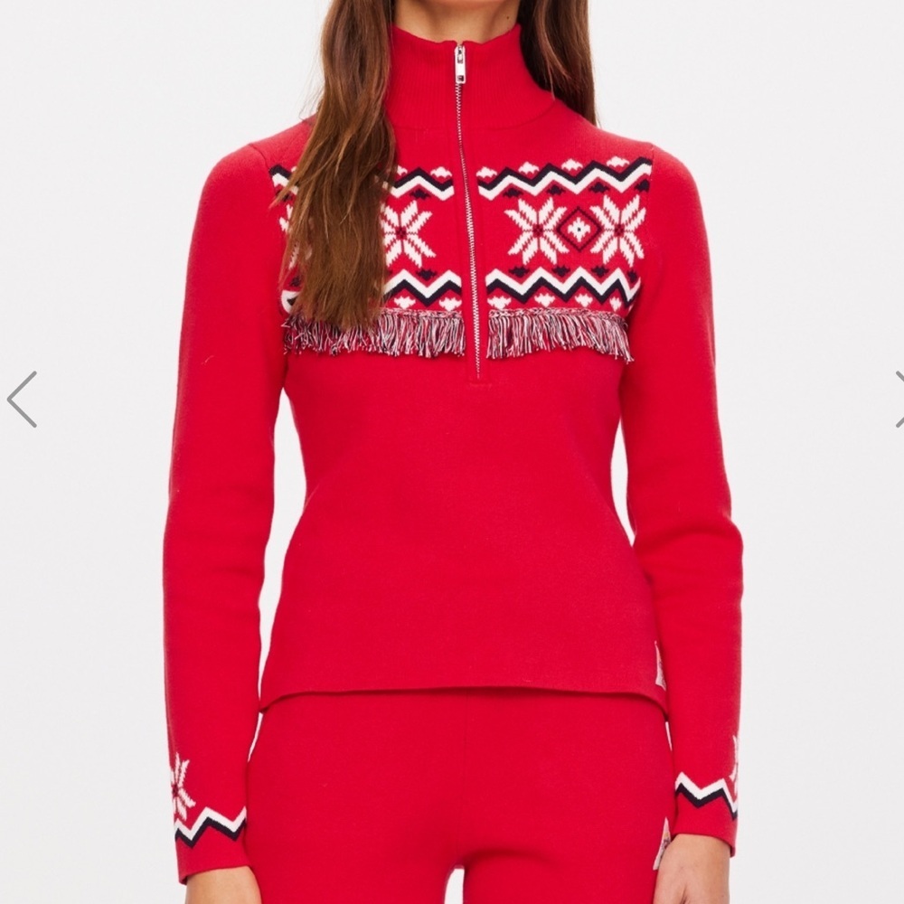 NWT The Upside Keystone Blanche Half Zip Sweater in Red with fringe in Chili Red